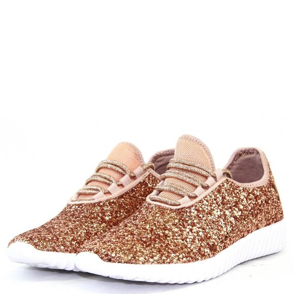 Cute Rose Gold Metallic Colors Glitter Sneakers Lace Up Shoes Light Weight - Picture 1 of 4